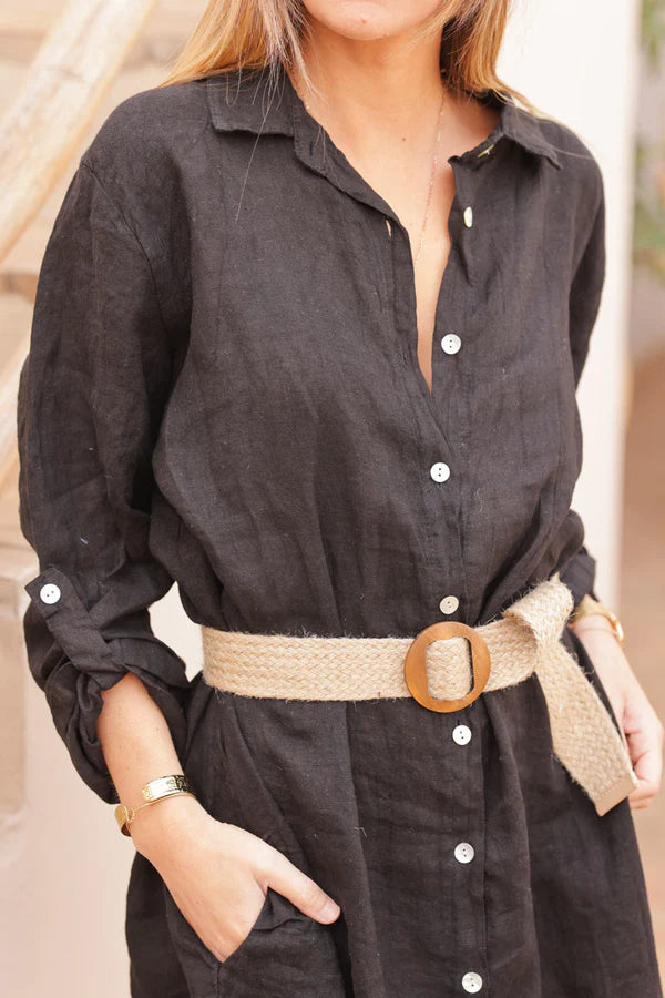 Black linen shirt dress with mother of pearl buttons and pockets