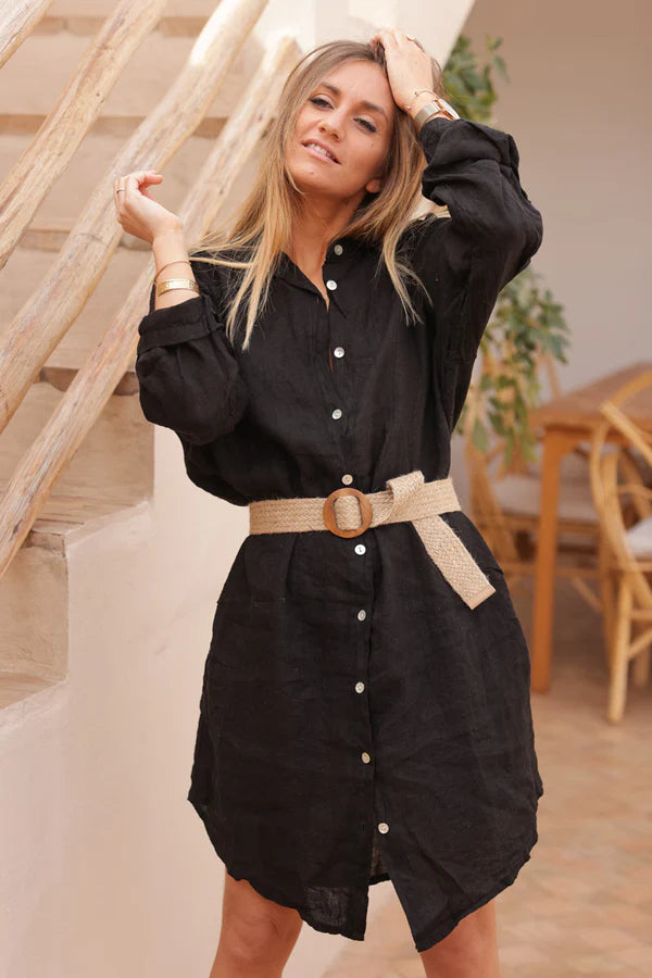 Black linen shirt dress with mother of pearl buttons and pockets