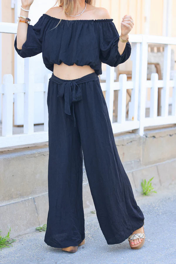 Black Metallic Co-Ord Bardot Crop Top and Wide Leg Pants