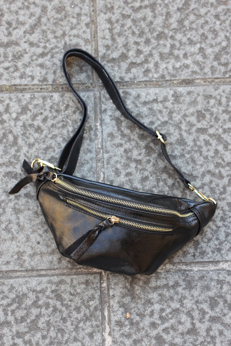 Black metallic leather double zip bum bag