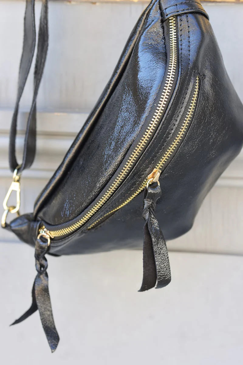 Black metallic leather double zip bum bag