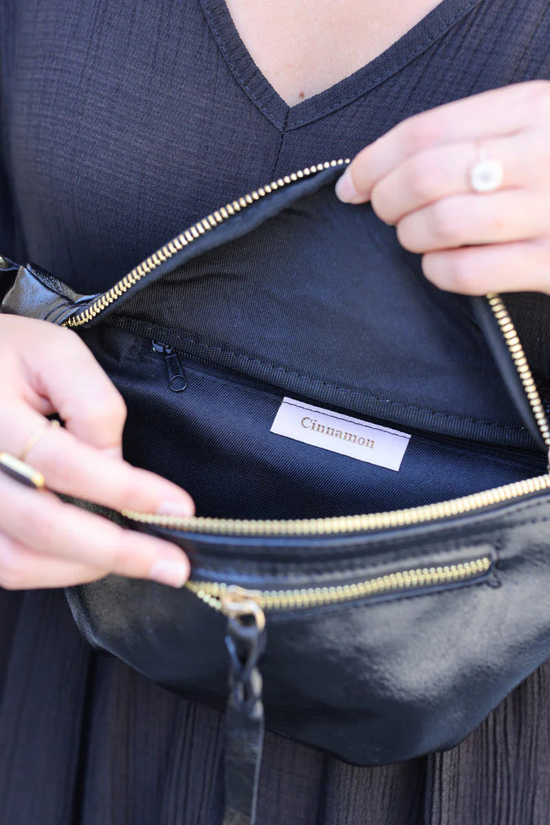 Black metallic leather double zip bum bag