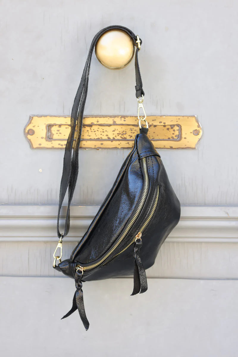 Black metallic leather double zip bum bag