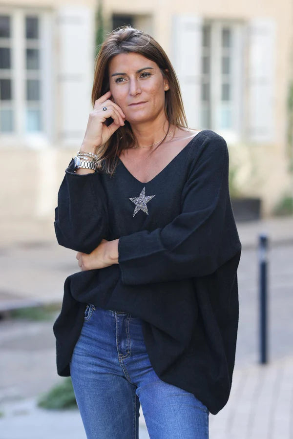 Black Oversized super soft Sweater with Silver Rhinestone Star