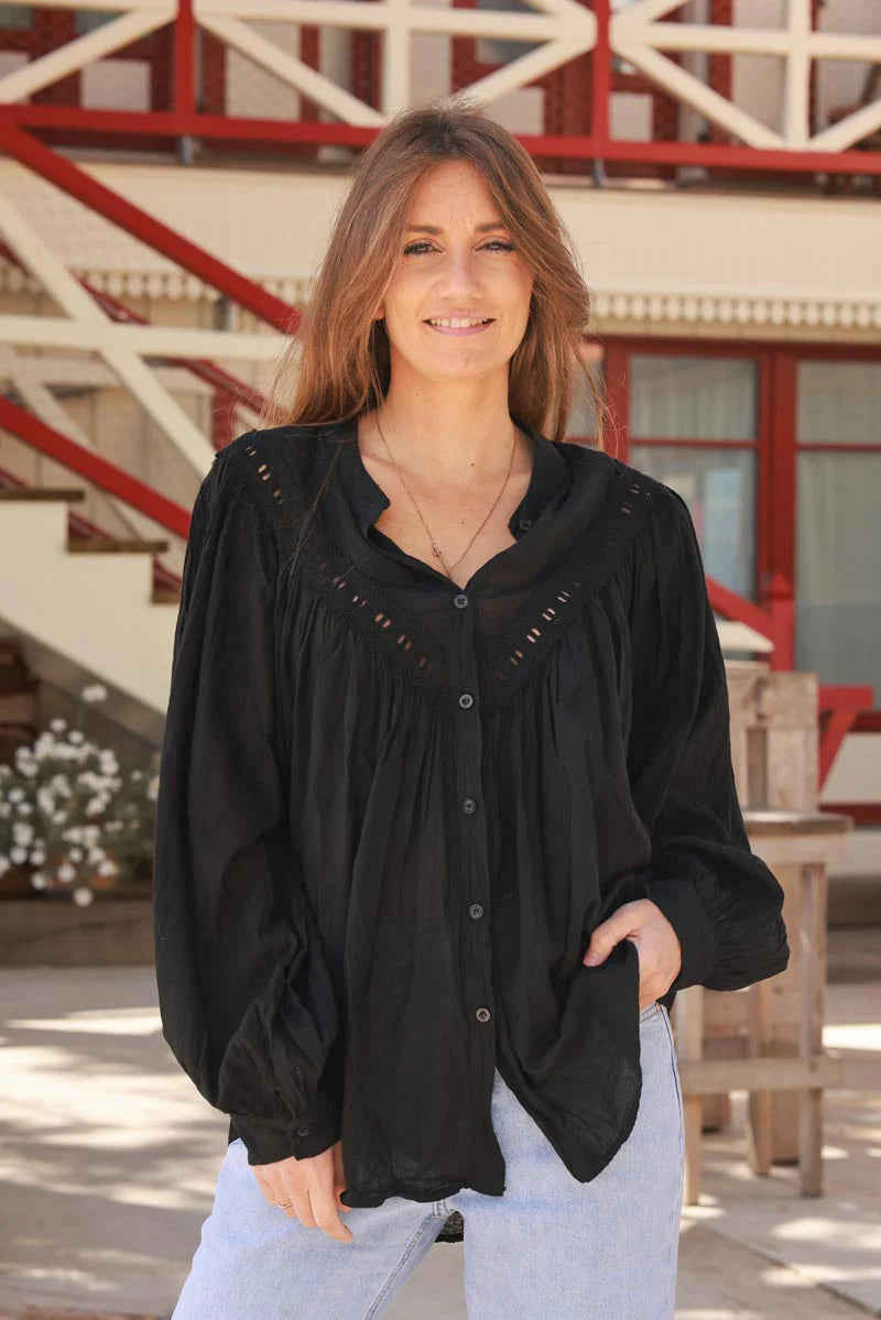 Black Pleated Cotton Prairie Blouse