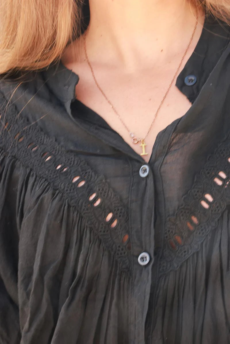 Black Pleated Cotton Prairie Blouse