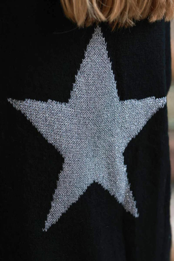 Black Silver Star Wool Blend Slouchy Knit Top