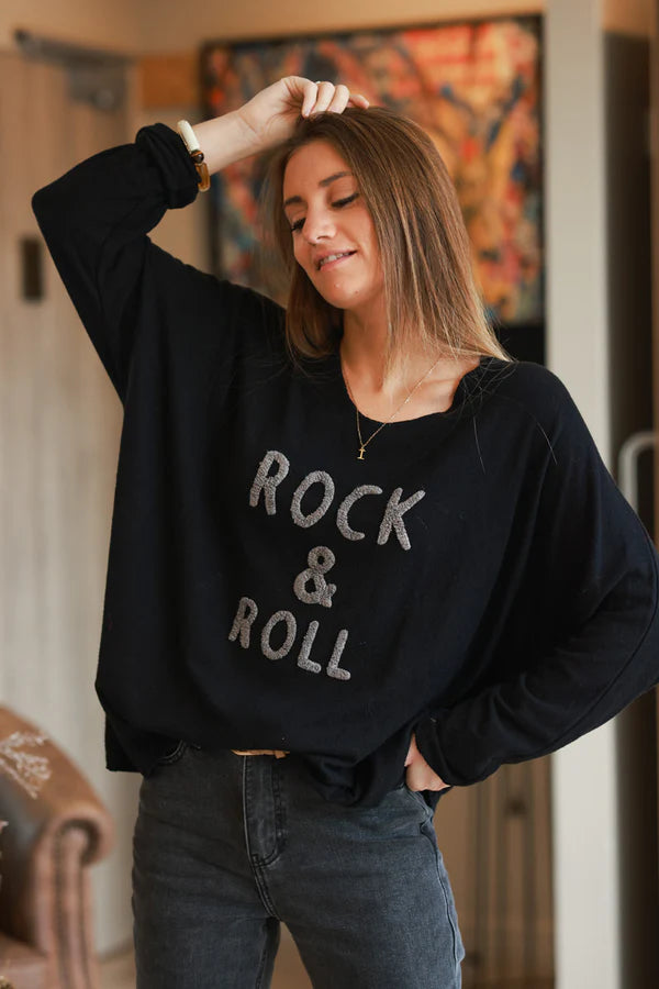 Black Slub Knit “Rock & Roll” Long Sleeve Tee