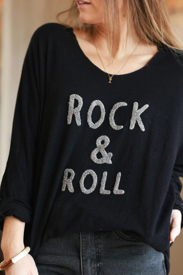 Black Slub Knit “Rock & Roll” Long Sleeve Tee