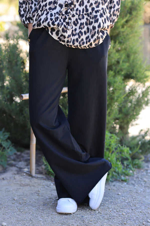 Black Stretch Cotton Wide Leg Flared Sweatpants