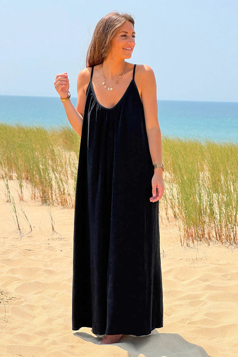 Black Terry Cloth Strappy Maxi Dress