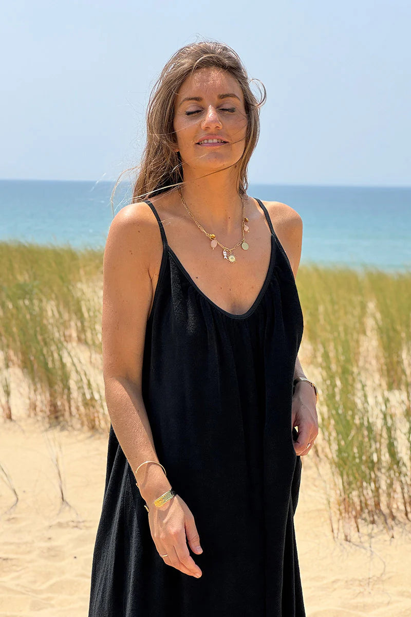 Black Terry Cloth Strappy Maxi Dress