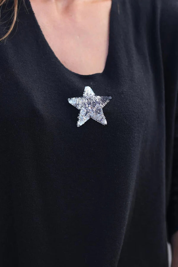 Black V-neck Sweater with small Sequin Star