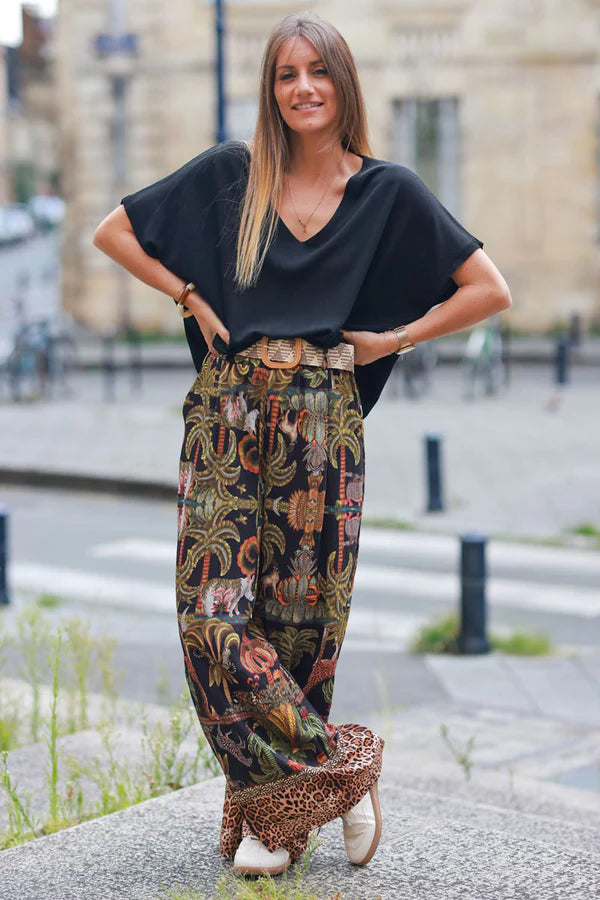 Black Wide Leg Pants with Jungle and Leopard Print, including Belt