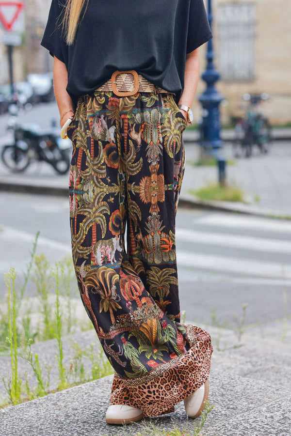 Black Wide Leg Pants with Jungle and Leopard Print, including Belt