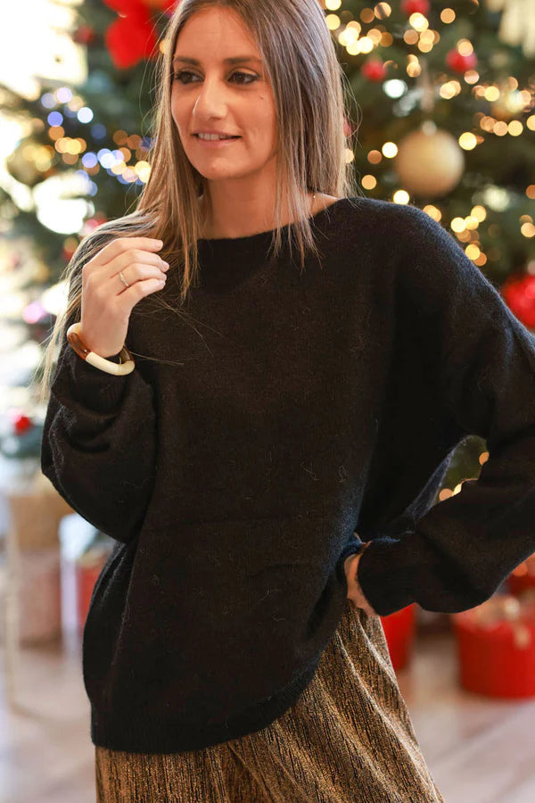 Black Wool Blend Sweater with Bow Back Detail