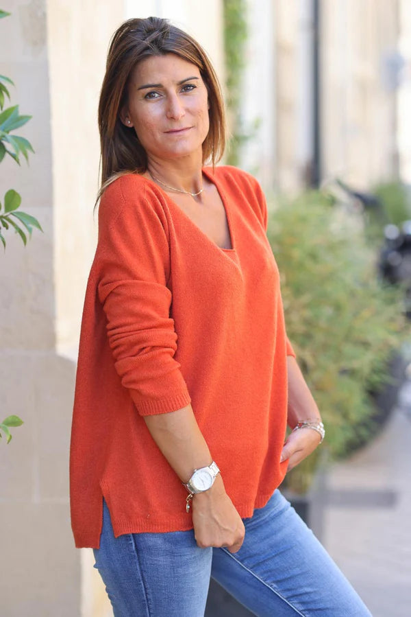 Blood Orange Soft Basic V-neck Sweater