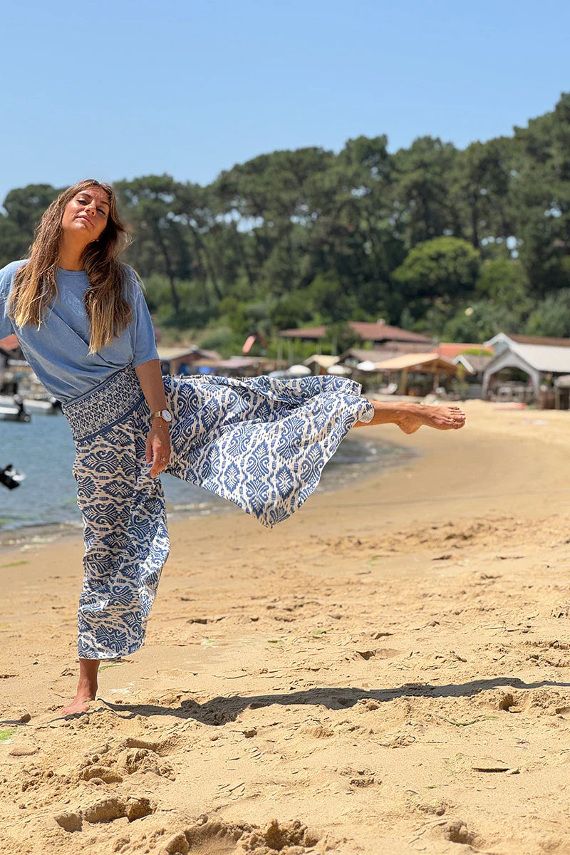 Blue Batik Scroll Wide-Leg Pants