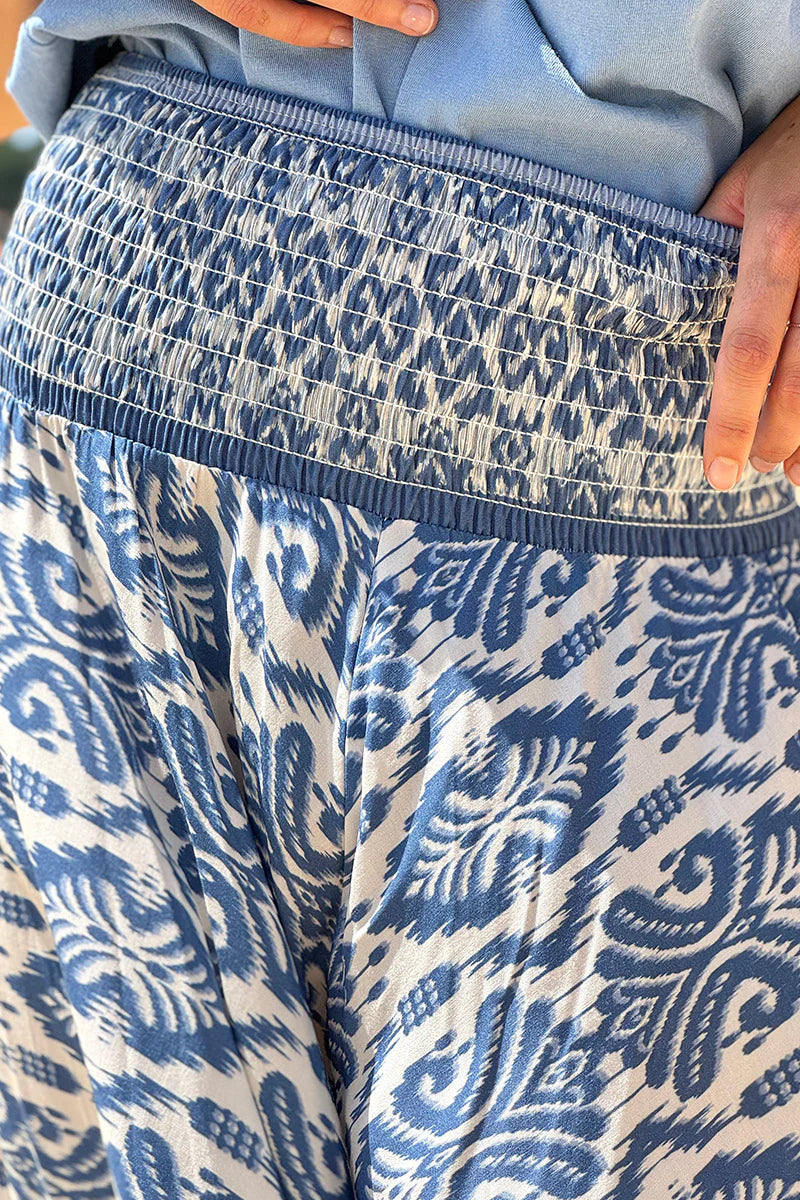 Blue Batik Scroll Wide-Leg Pants