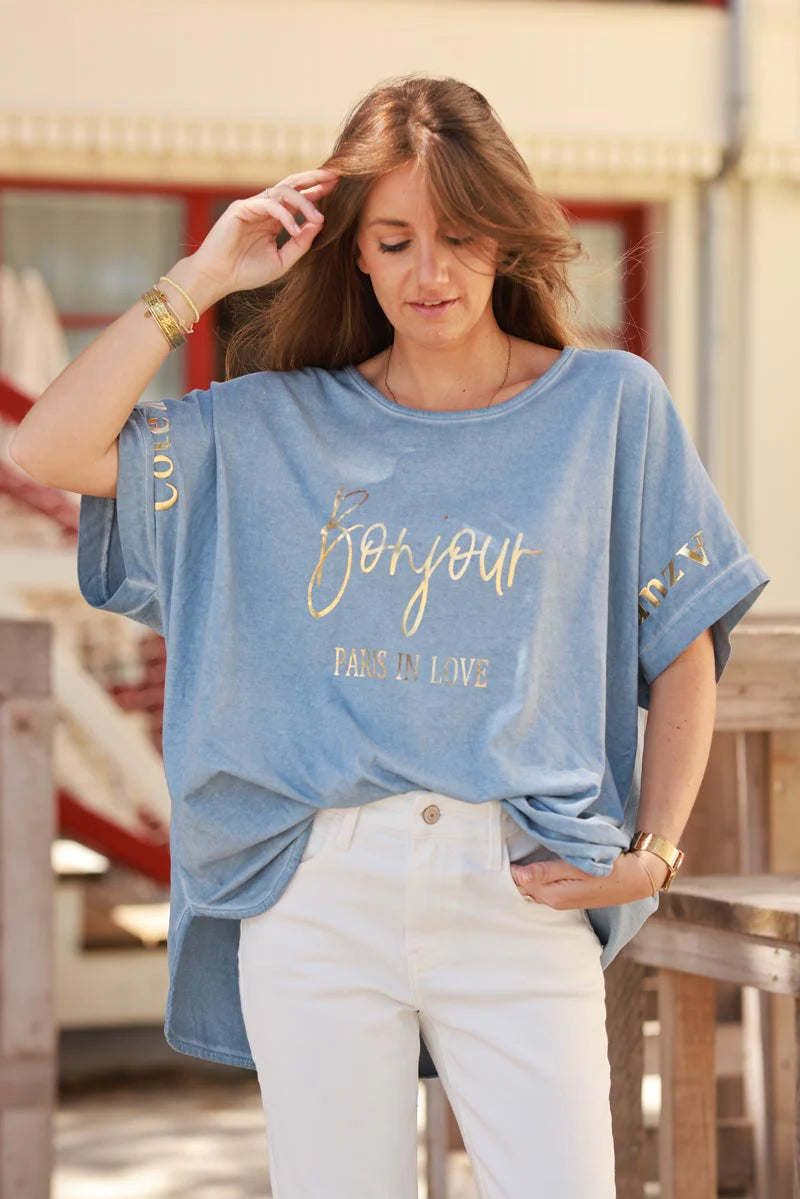 Blue “Bonjour” French Scoop Neck Tee