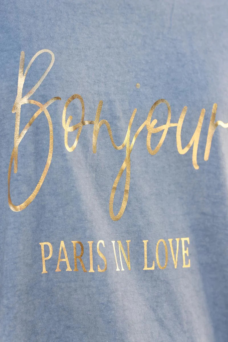 Blue “Bonjour” French Scoop Neck Tee