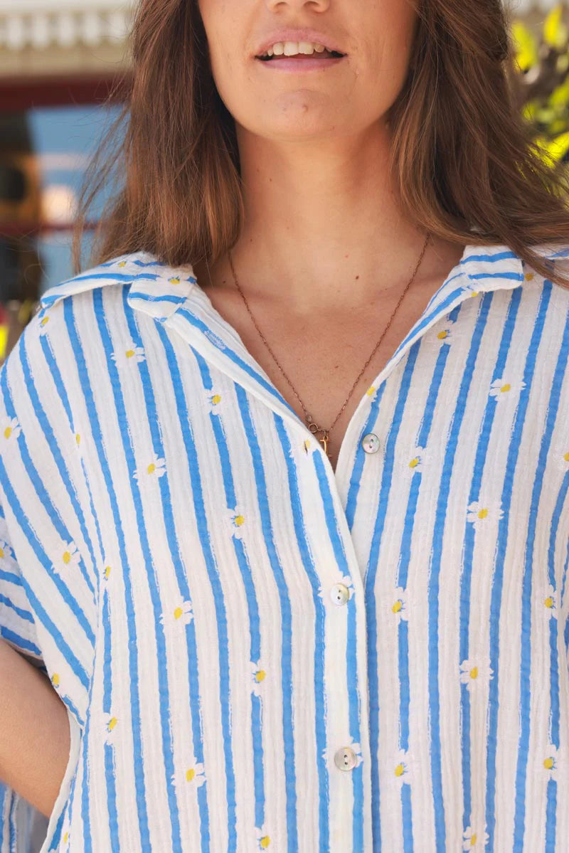 Blue Daisy Stripe Button Down Blouse