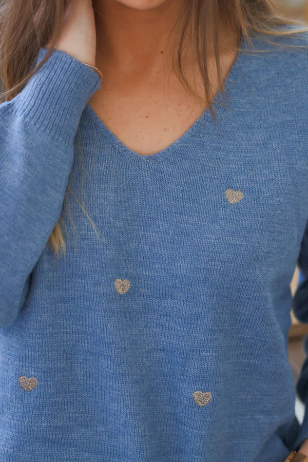 Blue Embroidered Hearts V-Neck Sweater