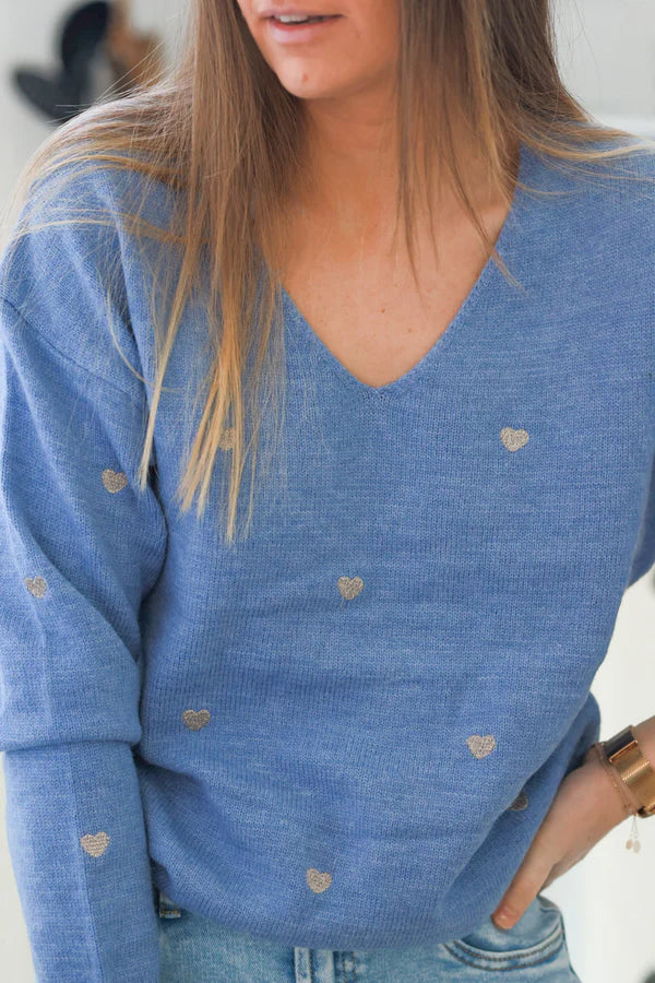 Blue Embroidered Hearts V-Neck Sweater