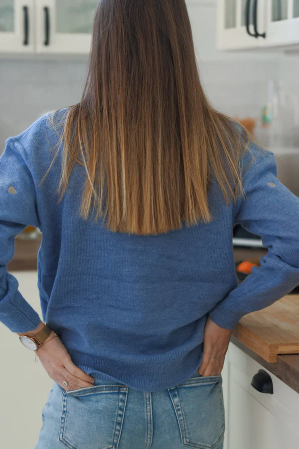 Blue Embroidered Hearts V-Neck Sweater