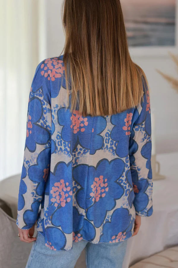 Royal Blue Floral and Leopard ¾-Sleeve Slouchy Top