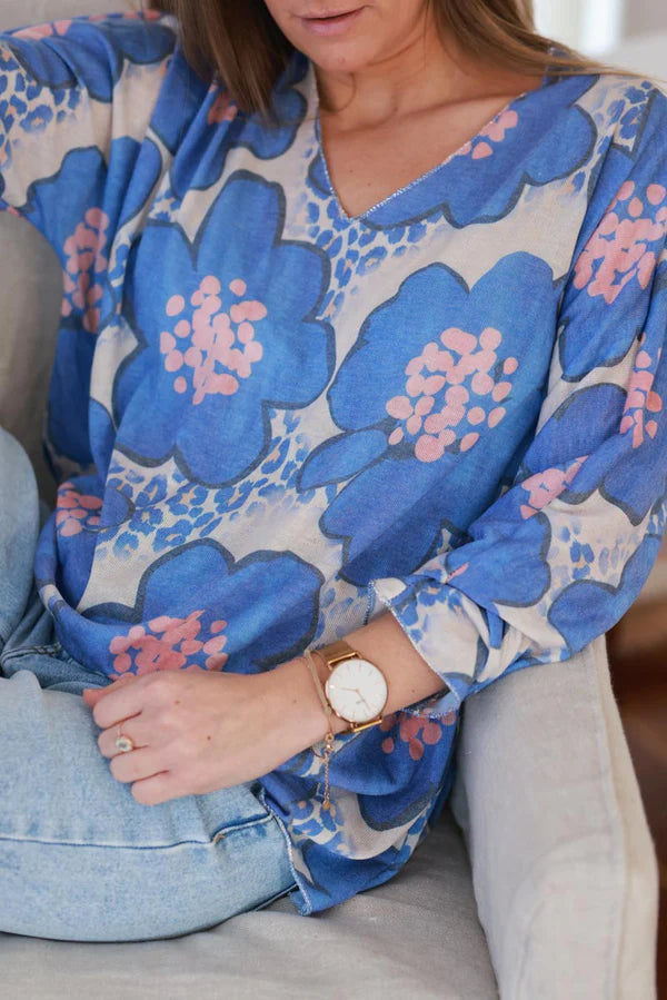 Royal Blue Floral and Leopard ¾-Sleeve Slouchy Top