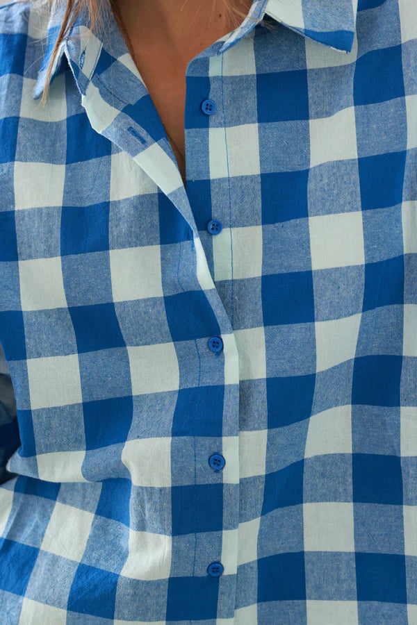 Blue Gingham Cotton Button-Down Shirt