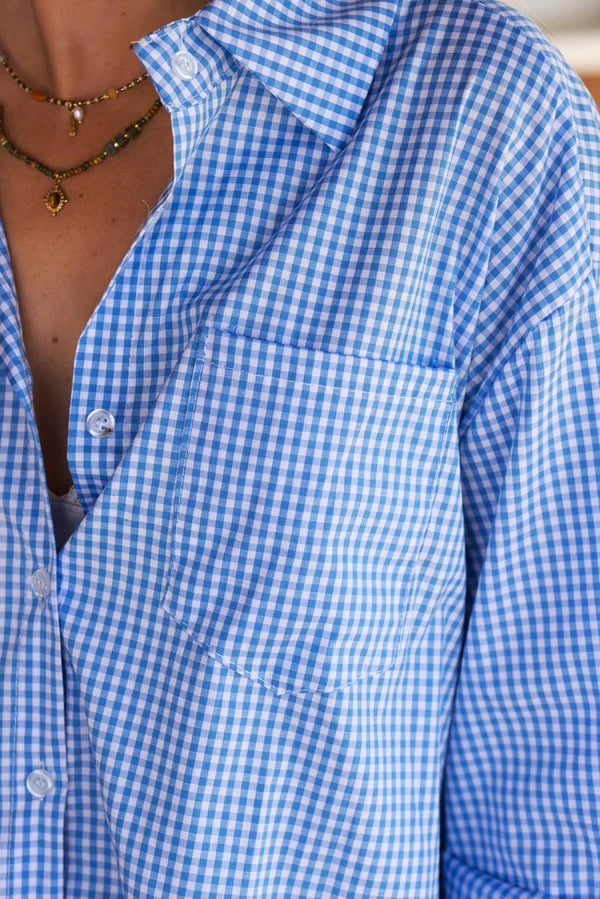 Blue Gingham Slouchy Button-Down Blouse