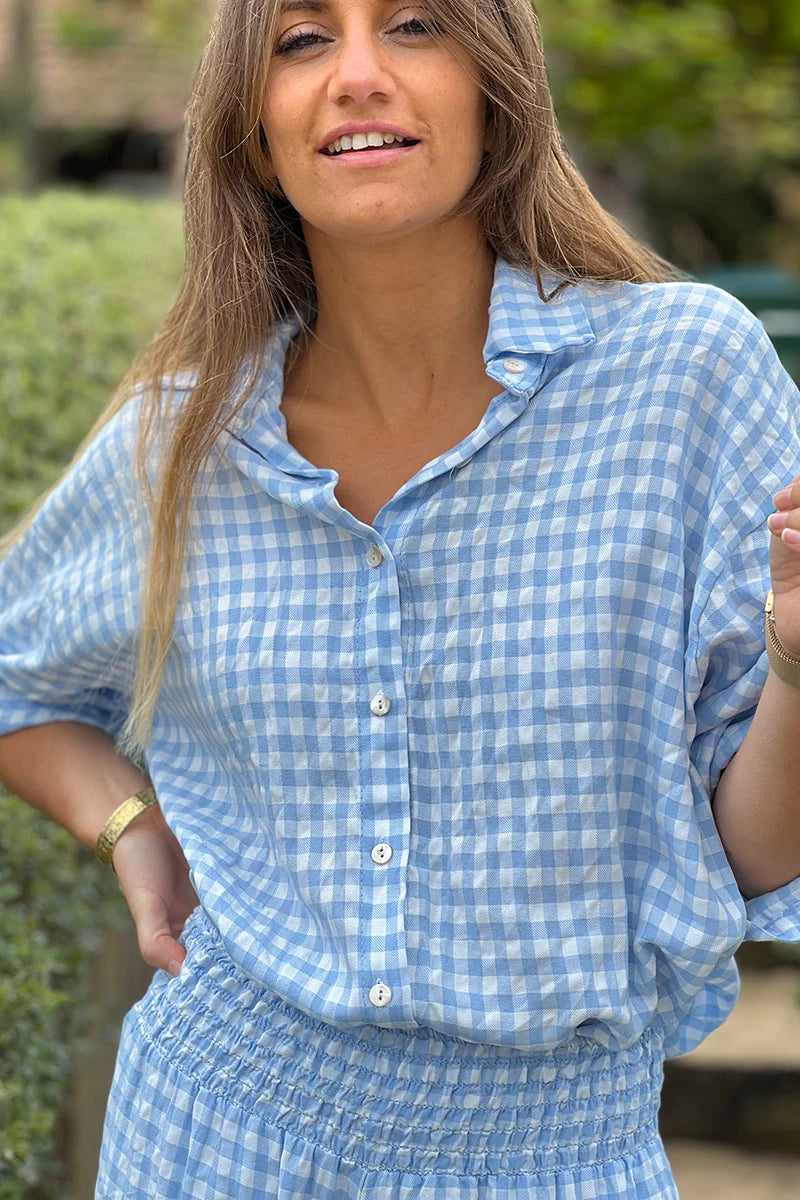Blue Gingham Button-Down Blouse