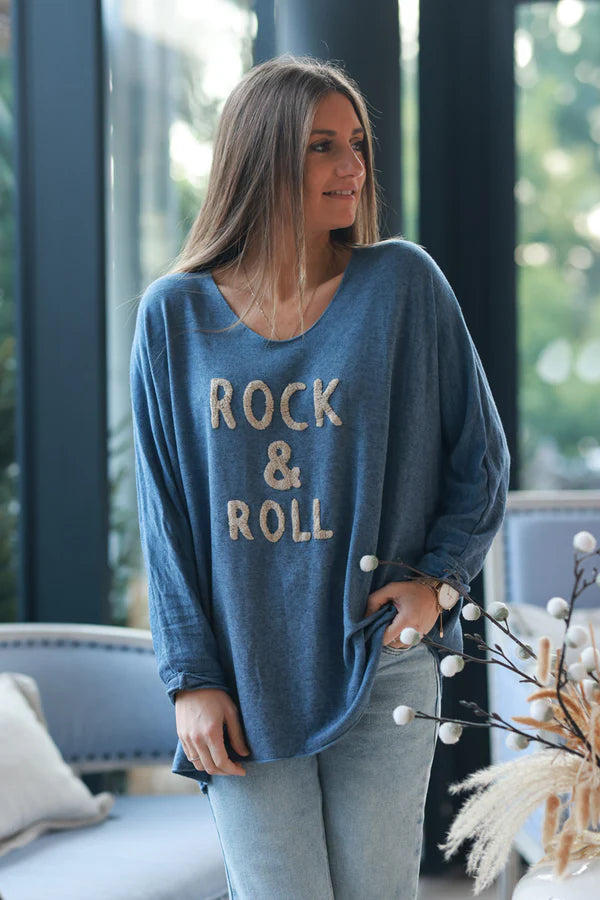 Blue jean Slub Knit “Rock & Roll” Long Sleeve Tee