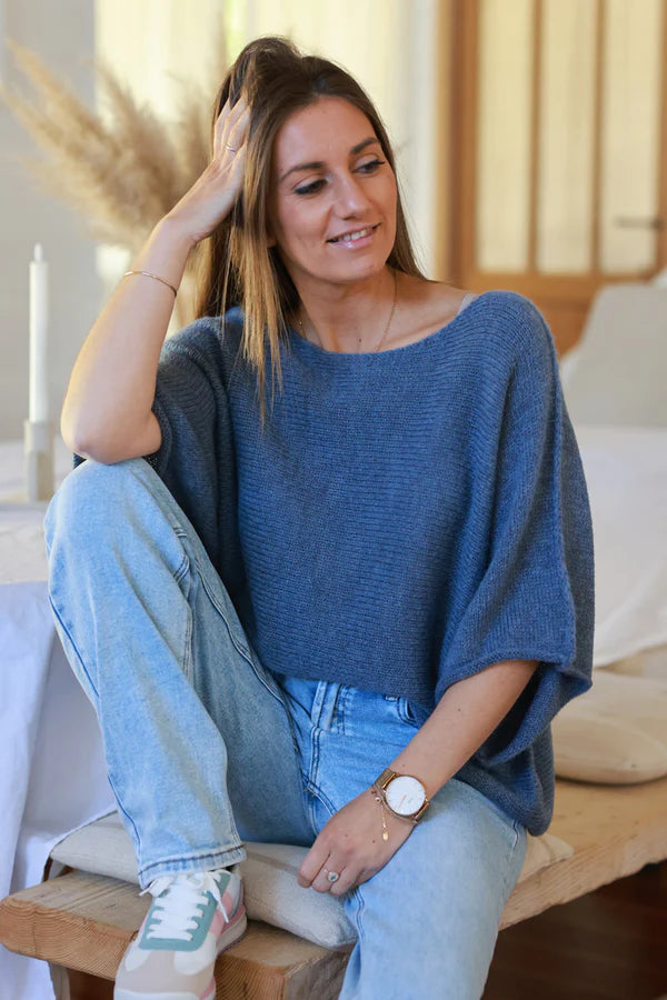 Blue Wool Blend Cropped Sweater