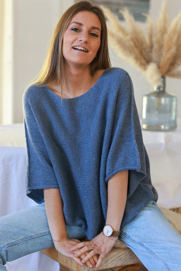 Blue Wool Blend Cropped Sweater