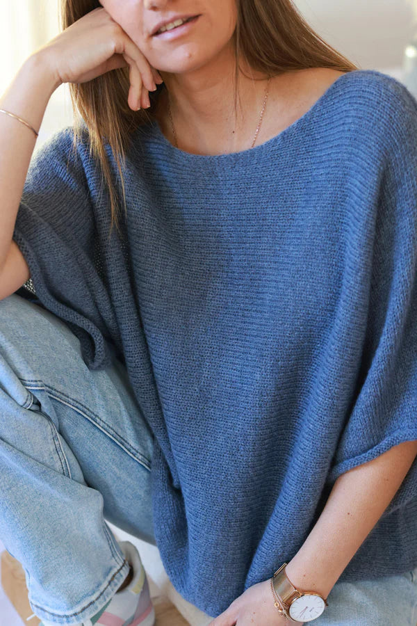 Blue Wool Blend Cropped Sweater