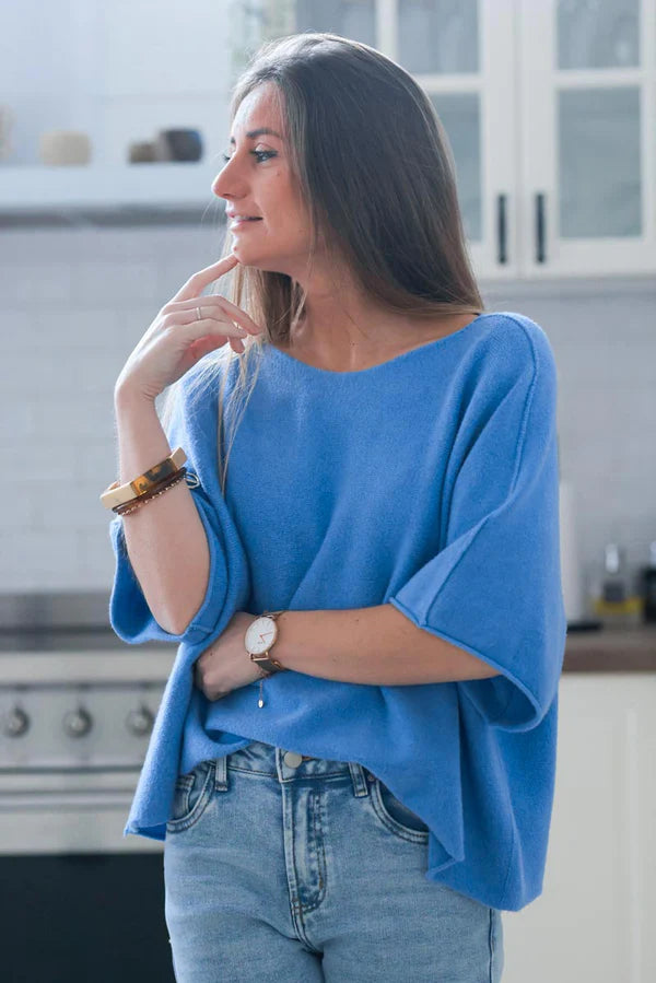 Blue Knit Batwing Blouse