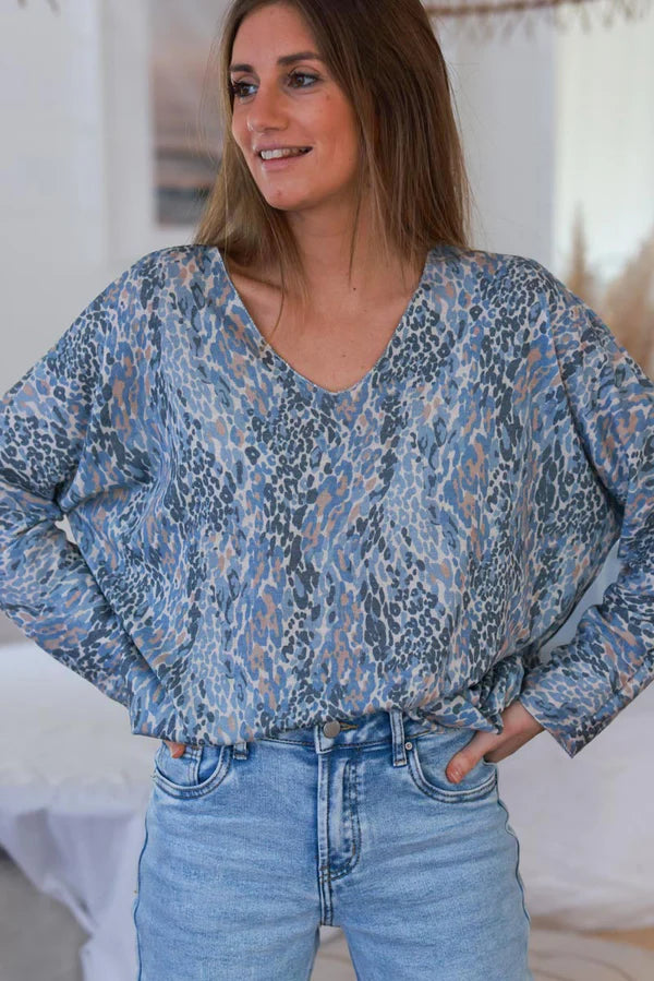 Blue Leopard Print Long Sleeve Top