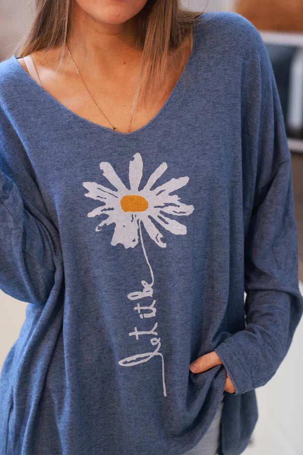 Blue “Let it Be” Daisy Long-Sleeve Knit Top