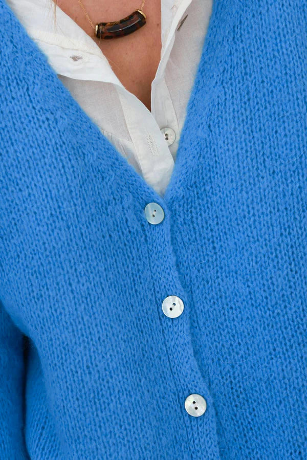 Blue Mother of Pearl Button through V-Neck Cardigan