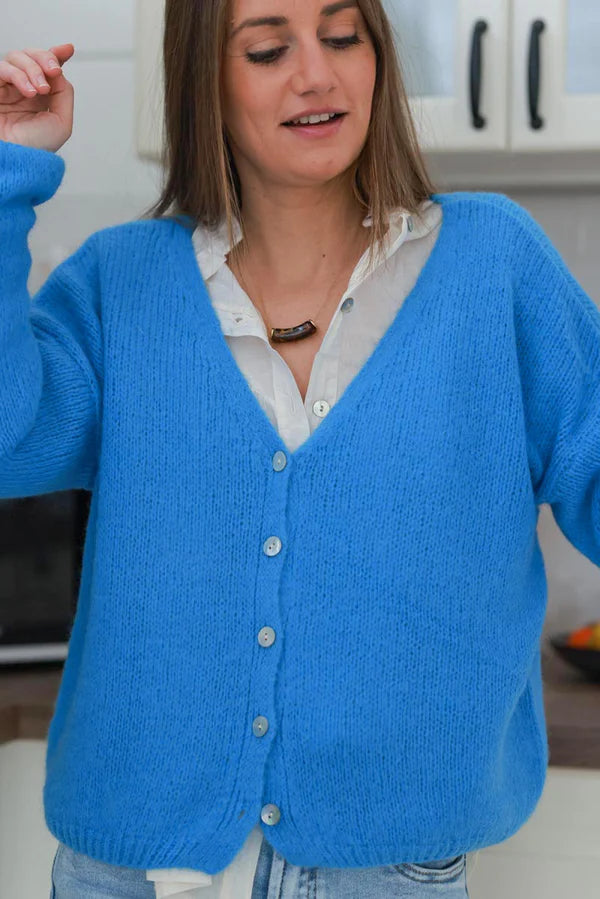 Blue Mother of Pearl Button through V-Neck Cardigan