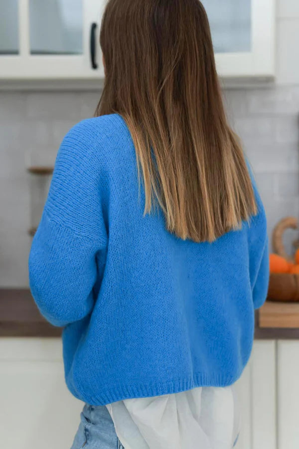 Blue Mother of Pearl Button through V-Neck Cardigan