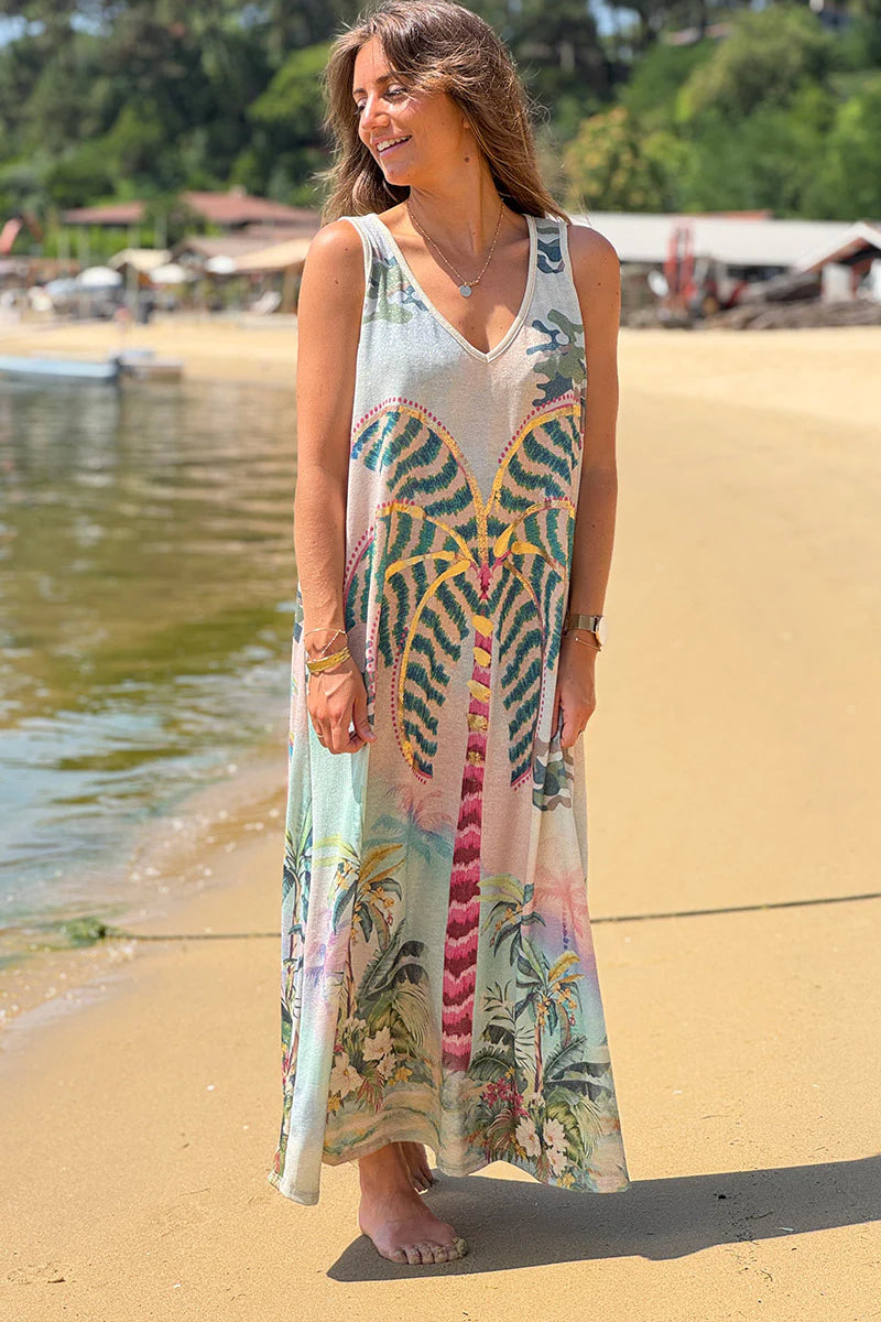 Blue Patterned Palms Sleeveless Maxi Dress