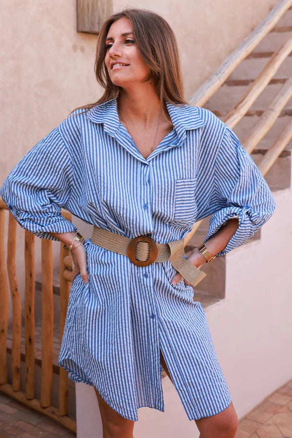 Blue Pinstripe Woven Belted Shirt Dress