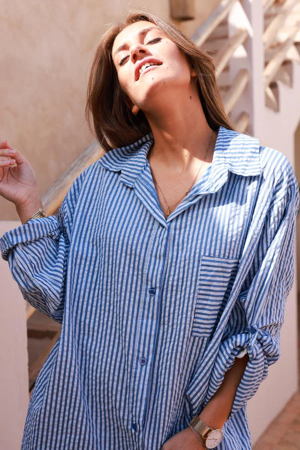 Blue Pinstripe Woven Belted Shirt Dress