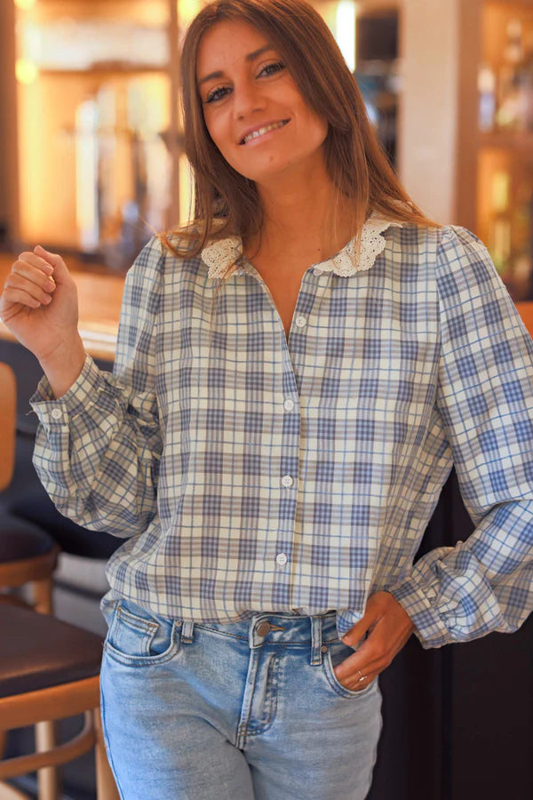 Blue Plaid and Lace Button-Down Blouse