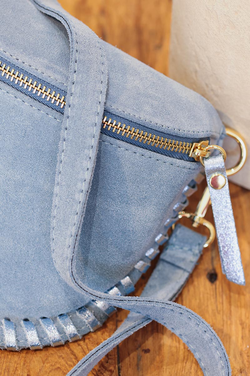 Blue suede leather bum bag fanny pack with metallic stitching