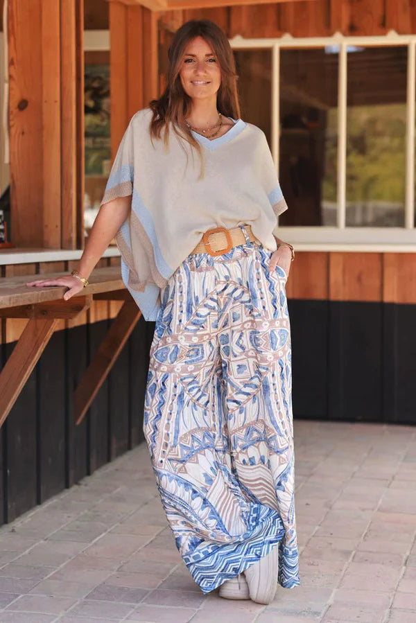 Blue Tiki Print Viscose Pull-On Pants + Belt included